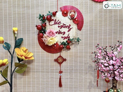 Vòng treo cửa Tết mẹt tre Chúc Mừng Năm Mới cành lựu quạt Đỏ [Vòng nhẹ] N50cm VTC-T-46